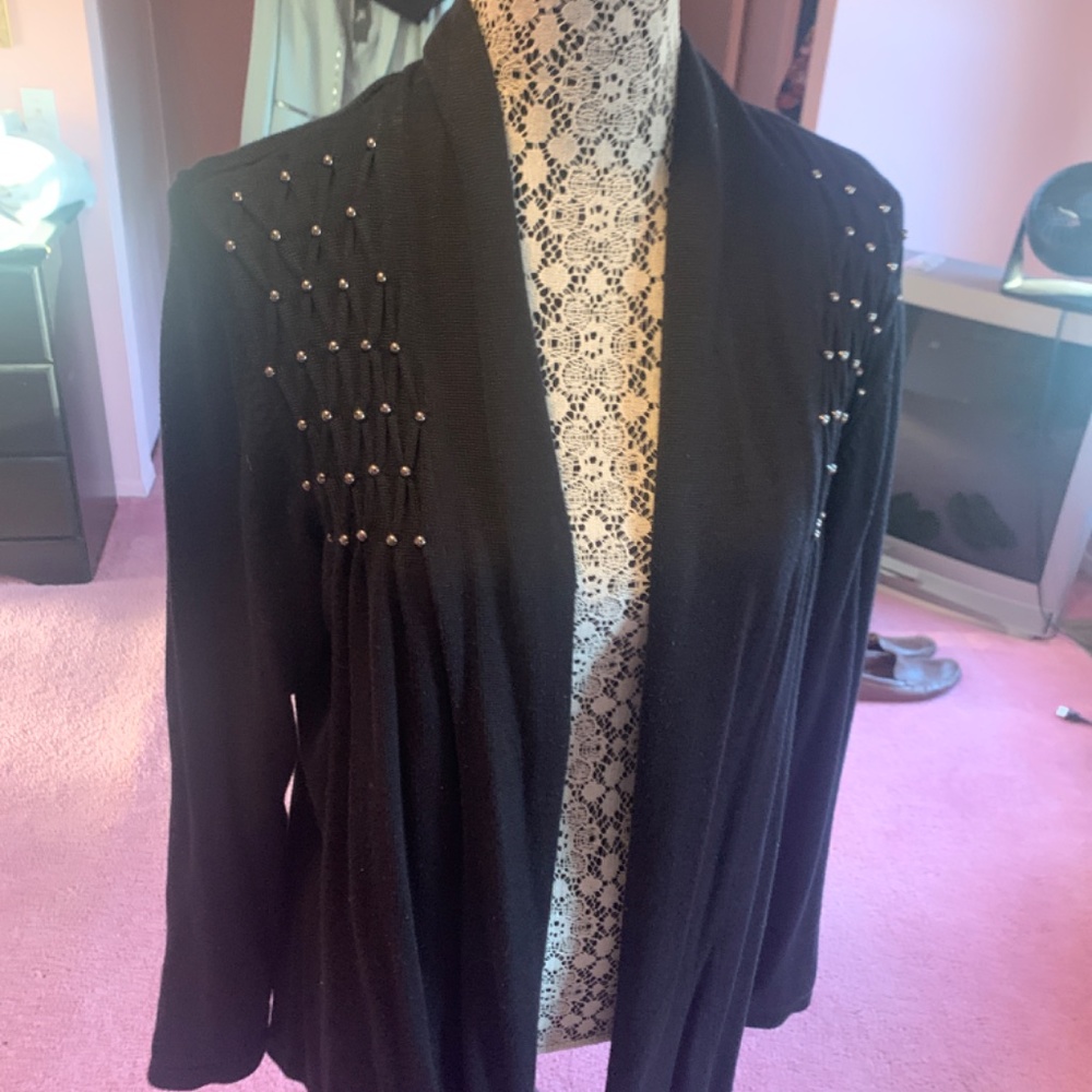 Dana Buchman black sweater long sleeve gun metal beads on shoulder